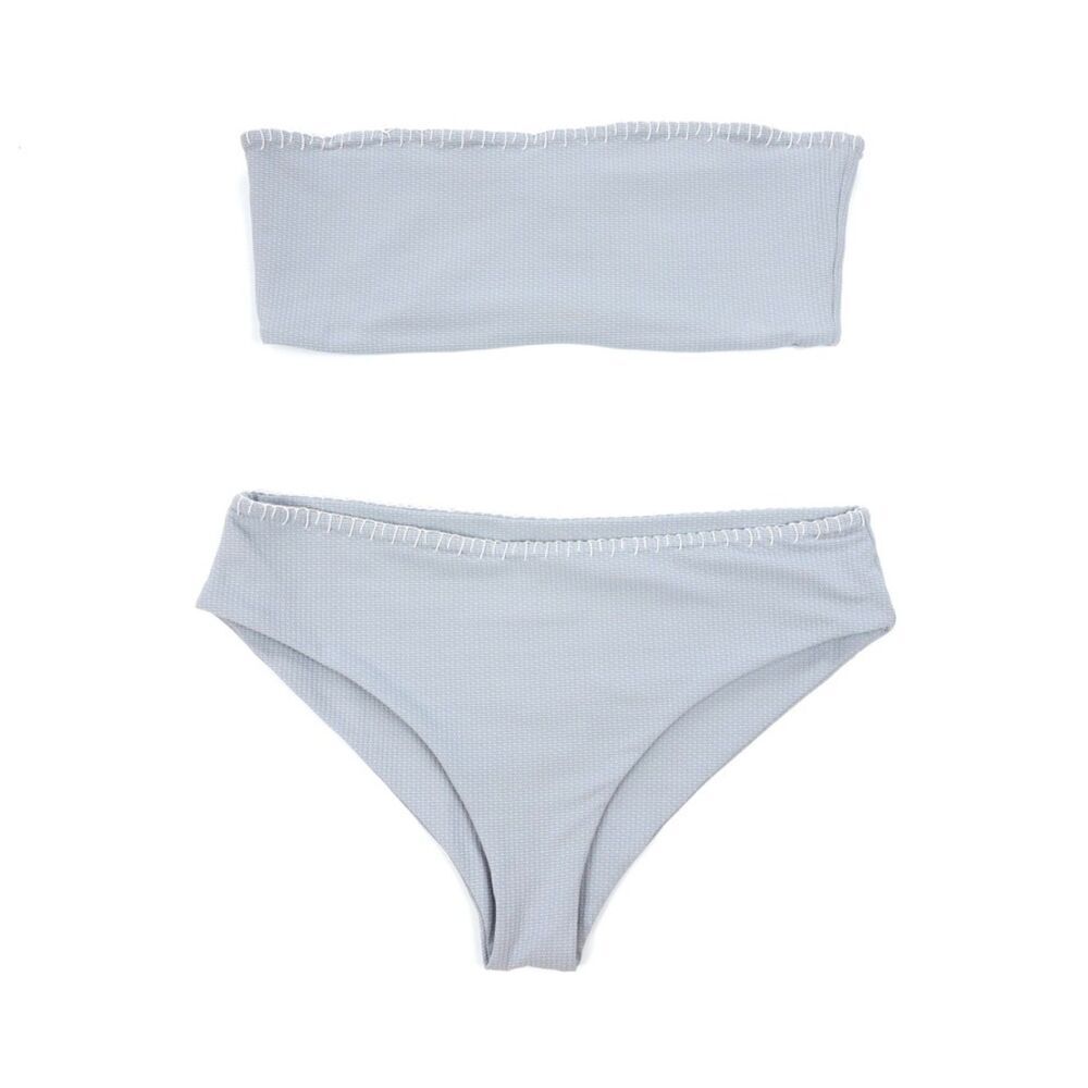 NEW Marysia Barragan Embroidered Seersucker Bandeau Bikini Set Resort Beach Boho